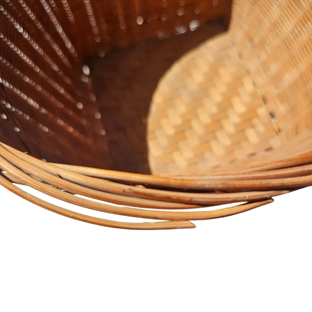 Vintage Woven Bamboo Rattan Basket Tapered Round Top Square Base Boho Decor 10in